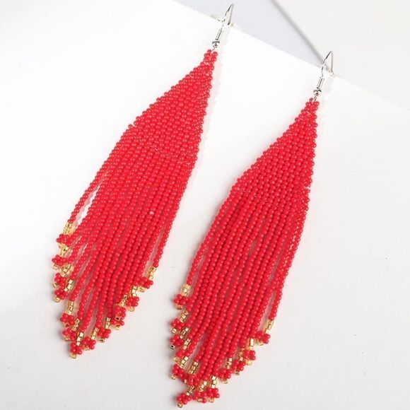 Red Bohemian Seed Bead Tassel Dangling Statement French Wire Hook Earrings - Picture 2 of 8